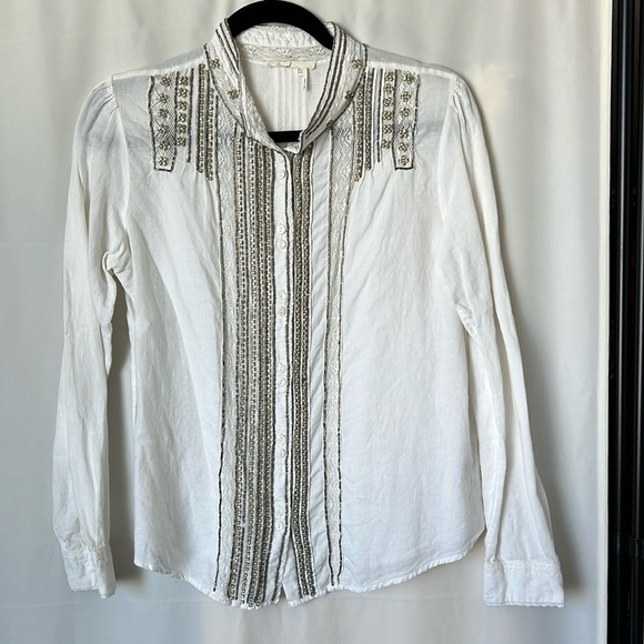 Floreat Tops - Floreat Anthropologie Rhinestone and Lace Button Down Linen Shirt